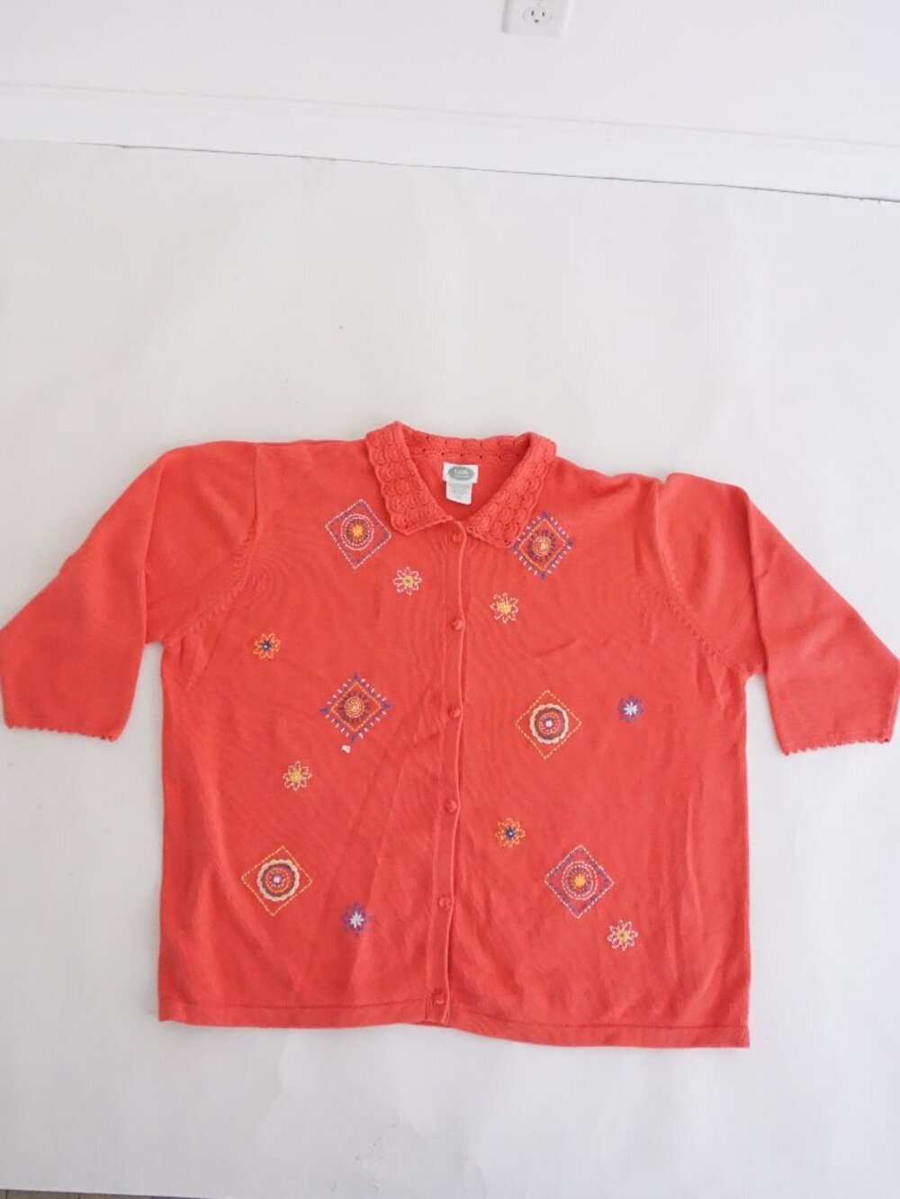 Vintage Tabi Bright Coral Floral Diamond Embroidered Crochet Collar Cardigan 4X